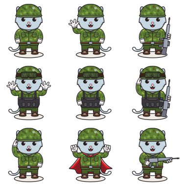 Kamuflaj üniformalı sevimli kedi asker. Çizgi filmdeki komik kedi asker karakterinin miğferi ve yeşil üniforması farklı pozisyonlarda. Komik Hayvan Vektörü illüstrasyon Kümesi.
