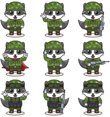 Cute Raccoon soldier in camouflage uniform. Cartoon funny Raccoon soldier character with helmet and green uniform in different positions. Funny Animal illustration Set.
