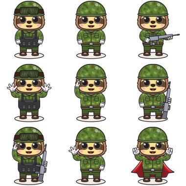Cute Sloth soldier in camouflage uniform. Cartoon funny Sloth soldier character with helmet and green uniform in different positions. Funny Animal illustration Set.