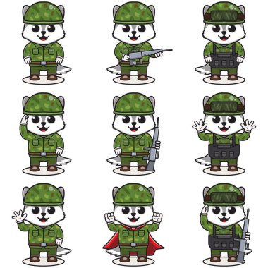 Kamuflaj üniformalı şirin kurt asker. Çizgi film komik kurt asker karakteri miğferi ve yeşil üniforması farklı pozisyonlarda. Komik Hayvanlar Çizimi.