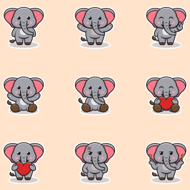 Şirin Fil karakteri farklı poz veriyor. Çizgi film karakteri tasarımı. Düz çizgi film tarzı. Sevimli Hayvan Takımı.