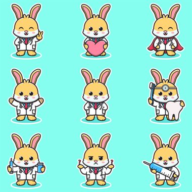 Tavşan Doktorun Sevimli Karakter Çizgi Filminin Vektör Çizimi. Tavşan karakteri farklı poz verir. Düz çizgi film tarzı. Hayvan Sağlığı Konsepti. 