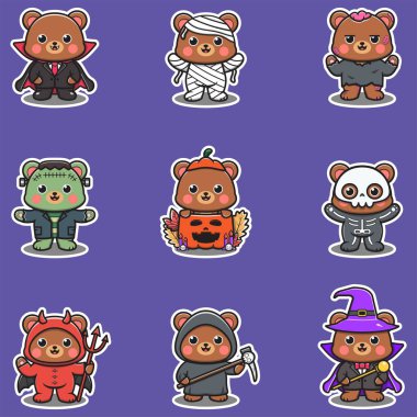 Cadılar bayramı kostümü giymiş Ayı grubunun illüstrasyon unsurları. Cadılar Bayramı komik ayısı. Etiketler, illüstrasyon, afiş, ögeler ayarlandı