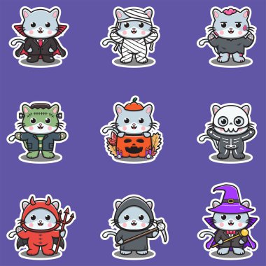 Cadılar Bayramı kostümlü Kedi grubunun illüstrasyon unsurları. Cadılar Bayramı komik kedisi. Etiketler, illüstrasyon, afiş, ögeler ayarlandı