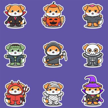 Cadılar Bayramı kostümü giymiş bir köpek grubunun illüstrasyon unsurları. Cadılar Bayramı komik köpeği. Etiketler, illüstrasyon, afiş, ögeler ayarlandı