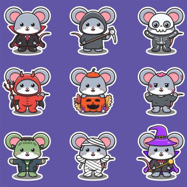 Cadılar Bayramı kostümü giymiş bir grup farenin tasviri. Cadılar Bayramı Komik Fare. Etiketler, illüstrasyon, afiş, ögeler ayarlandı