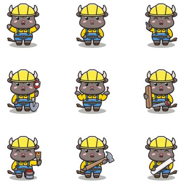 Şirin Buffalo maskotu inşaatta çalışıyor. Şirin Bufalo müteahhiti çizgi filmi. Hayvan üreticileri.