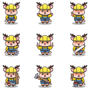 Şirin Geyik maskotu inşaatta çalışıyor. Sevimli Geyik İnşa Çizgisi. Hayvan üreticileri.