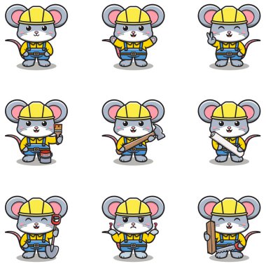 Şirin Fare maskotu inşaatta çalışıyor. Şirin Fare Çizgi Filmi. Hayvan üreticileri.