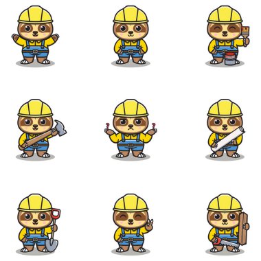 Şirin Sloth maskotu inşaatta çalışıyor. Şirin Sloth çizgi filmi. Hayvan üreticileri.