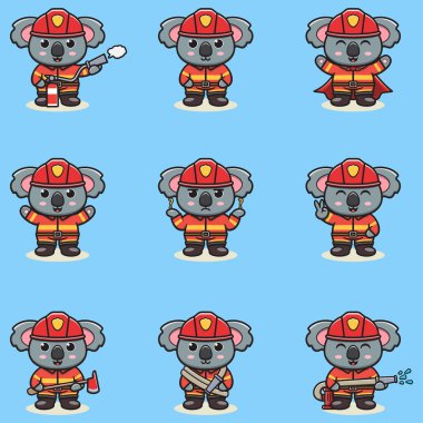 İtfaiyeci kostümlü Koala çizgi filminin Vektör İllüstrasyonu. Bir grup sevimli Koala karakteri.