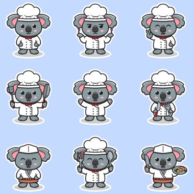 Şirin Koala şef maskot çizgi film karakterinin vektör çizimleri. Koala simgesi resim koleksiyonu izole edildi. Bu Vektör İllüstrasyonu.