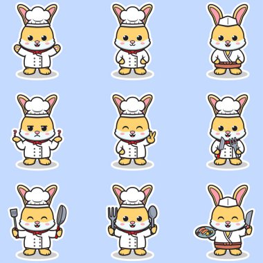 Şirin Tavşan şef maskot çizgi film karakterinin vektör çizimleri. Tavşan simgesi tasviri izole edildi. Bu Vektör İllüstrasyonu.