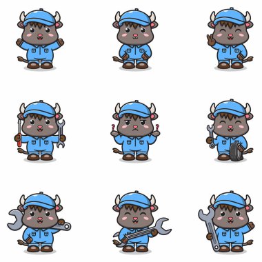 Buffalo Mekanik Çizgi Film Karakteri 'nin Vektör İllüstrasyonu. Mekanik Karakter Vektör İllüstrasyonu. Bufalo Karakteri hayvanı. Mekanik Maskot.