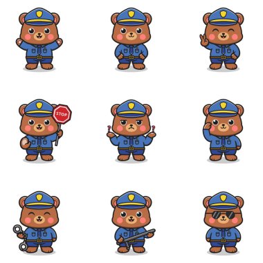 Vektör çizimi sevimli ayı polis memuru. Polis memuru gibi giyinmiş şirin ayı. Polis unsurları karikatürü. Polis hayvanları. Hayvani meslekler.
