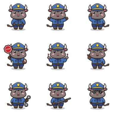 Vektör çizimi sevimli Buffalo polis memuru. Polis memuru gibi giyinmiş şirin Buffalo. Buffalo Hayvan Meslekleri. Polis unsurları karikatürü. Polis hayvanları.. 