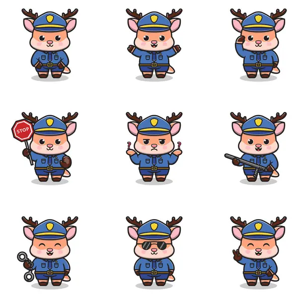 Vektör çizimi sevimli Geyik polis memuru. Polis memuru gibi giyinmiş şirin bir geyik. Geyik hayvanları mesleği. Polis unsurları karikatürü. Polis hayvanları.. 