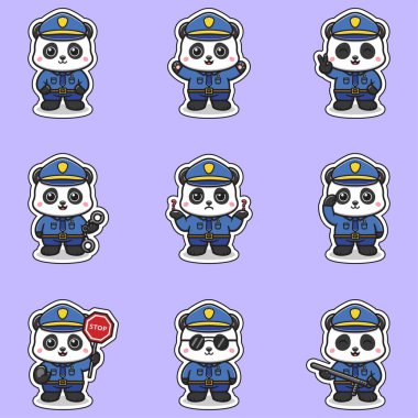 Çocuklar ve Eğlence İçin Şirin Panda Polis Çıkartmaları. Çeşitli pozlarda sevimli panda polis çıkartmaları koleksiyonu. Çocuk projeleri ya da eğlenceli çizimler için mükemmel. Bu eğlenceli tasarımlarla yaratıcı ol..