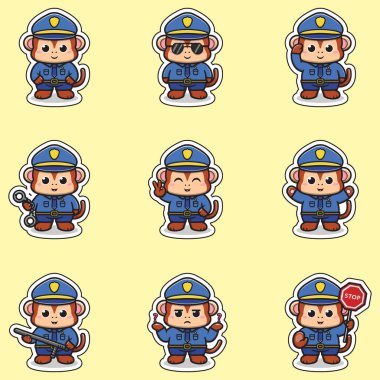 Çocuklar ve Eğlence İçin Tatlı Maymun Polis Çıkartmaları. Çeşitli pozlarda sevimli maymun polis çıkartmaları koleksiyonu. Çocuk projeleri ya da eğlenceli çizimler için mükemmel. Bu eğlenceli tasarımlarla yaratıcı ol..