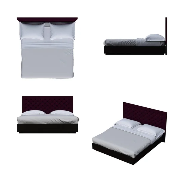 隔离在白色背景上的床 室内家具 3D插图 — 图库照片