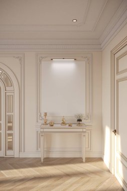 Güzel, lüks, beyaz bir iç mekan ve duvarında da telif alanı var.