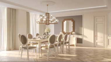 Modern bir mutfağın beyaz renkli 3D görüntüsü