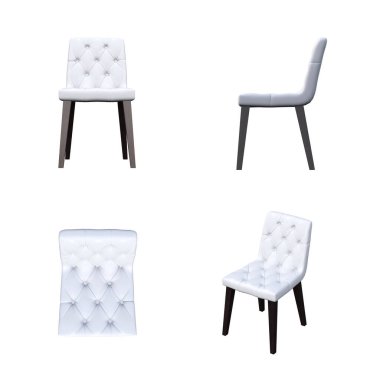 Beyaz arkaplanda izole sandalyeler dizisi, 3 boyutlu izometrik projeksiyonlar