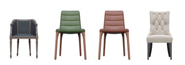 Beyaz arkaplanda izole sandalyeler, ön görünüm