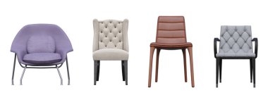 Beyaz arkaplanda izole sandalyeler, ön görünüm