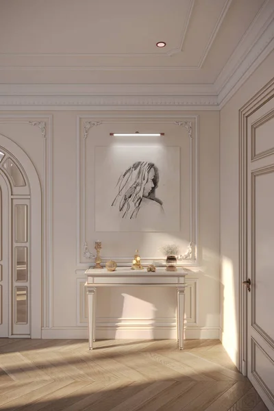 Bel Intérieur Blanc Luxe Avec Portrait Féminin Sur Mur — Photo