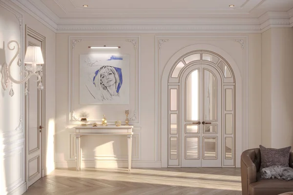 Krásný Luxusní Bílý Interiér Ženským Portrétem Stěně — Stock fotografie