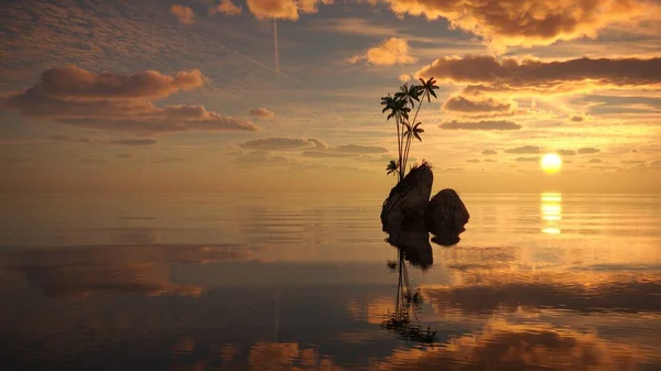 Palma Isola Mezzo Lago Bellissimo Paesaggio Illustrazione Rendering — Foto Stock