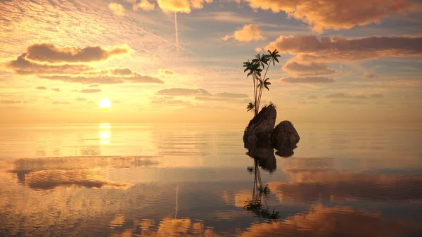 Palmeira Uma Ilha Meio Lago Bela Paisagem Ilustração Renderização — Fotografia de Stock