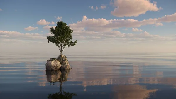 Baum Auf Einer Insel Inmitten Eines Sees Schöne Landschaft Illustration — Stockfoto