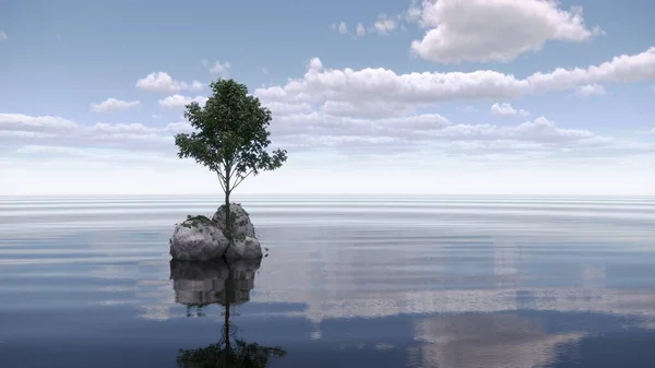 Árbol Una Isla Medio Lago Hermoso Paisaje Ilustración Render — Foto de Stock