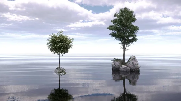 Árboles Una Isla Medio Lago Hermoso Paisaje Ilustración Render — Foto de Stock