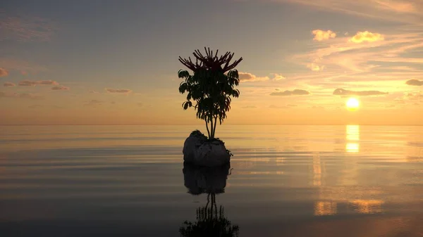 Árvore Uma Ilha Meio Lago Bela Paisagem Ilustração Renderização — Fotografia de Stock