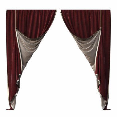 Beyaz arkaplanda izole edilmiş perdeler, iç dekorasyonlar, 3D illüstrasyon, cg canlandırma