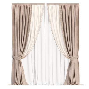 Beyaz arkaplanda izole edilmiş perdeler, iç dekorasyonlar, 3D illüstrasyon, cg canlandırma