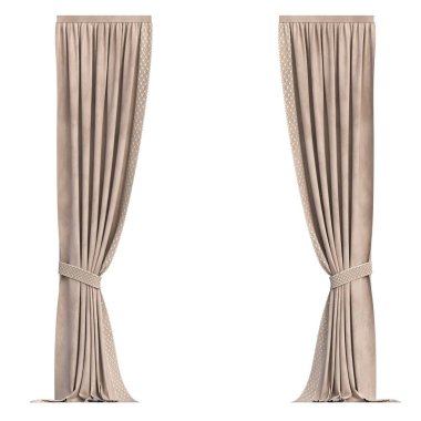 Beyaz arkaplanda izole edilmiş perdeler, iç dekorasyonlar, 3D illüstrasyon, cg canlandırma