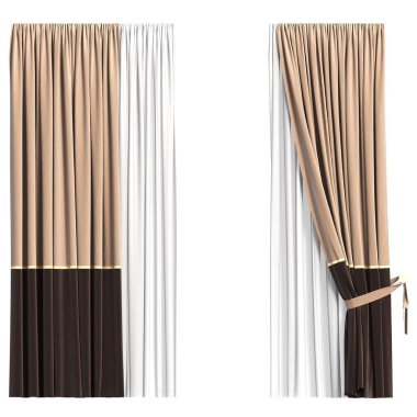 Beyaz arkaplanda izole edilmiş perdeler, iç dekorasyonlar, 3D illüstrasyon, cg canlandırma