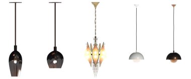 Beyaz arka planda izole edilmiş iç mekan için kristal avizeler, ev ışıklandırması, üç boyutlu illüstrasyon, cg canlandırma