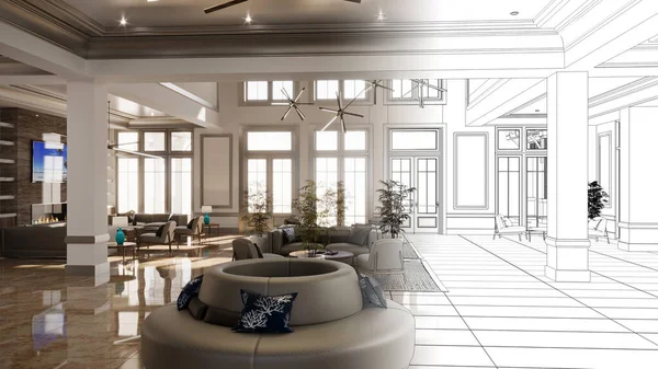 大内大堂在酒店 3D插图 Cg渲染 — 图库照片