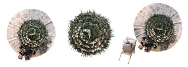 Süslü Noel ağaçları seti, beyaz arka planda izole edilmiş, 3D illüstrasyon, cg canlandırma