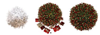 Süslü Noel ağaçları seti, beyaz arka planda izole edilmiş, 3D illüstrasyon, cg canlandırma