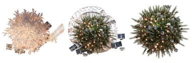 Süslü Noel ağaçları seti, beyaz arka planda izole edilmiş, 3D illüstrasyon, cg canlandırma