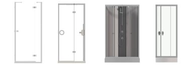 Beyaz arkaplanda izole edilmiş duş kabinleri, 3D illüstrasyon, cg canlandırma