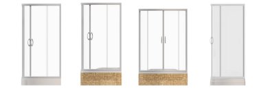 Beyaz arkaplanda izole edilmiş duş kabinleri, 3D illüstrasyon, cg canlandırma