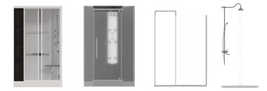 Beyaz arkaplanda izole edilmiş duş kabinleri, 3D illüstrasyon, cg canlandırma
