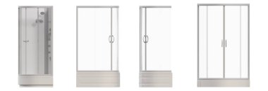 Beyaz arkaplanda izole edilmiş duş kabinleri, 3D illüstrasyon, cg canlandırma